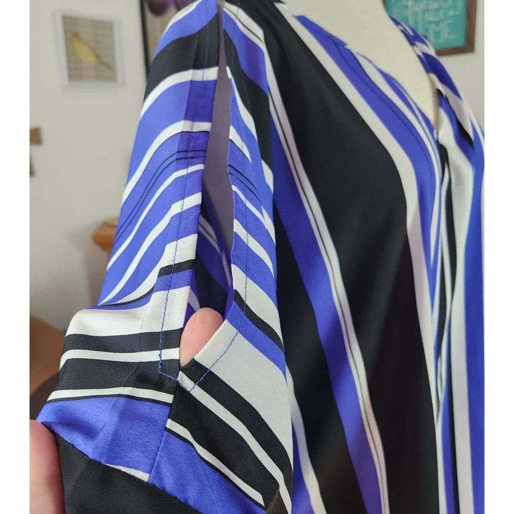 Anthony Richards Kimono Style Purple White Black Vertical Stripe Top - Picture 3 of 5